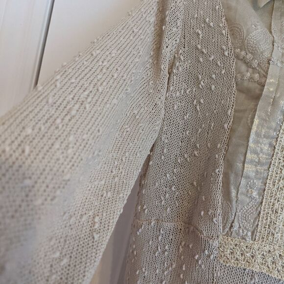 BOHO Style Zip Front Textured Beige Shirt Top Lace Decor Small @V - Picture 5 of 7